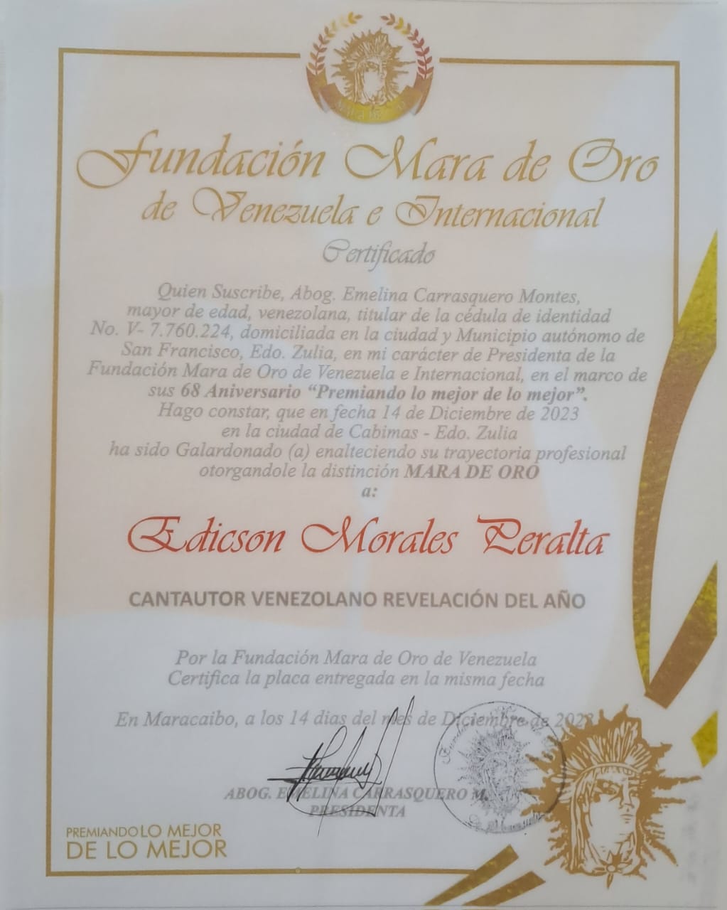Certificado Fundación Mara de Oro